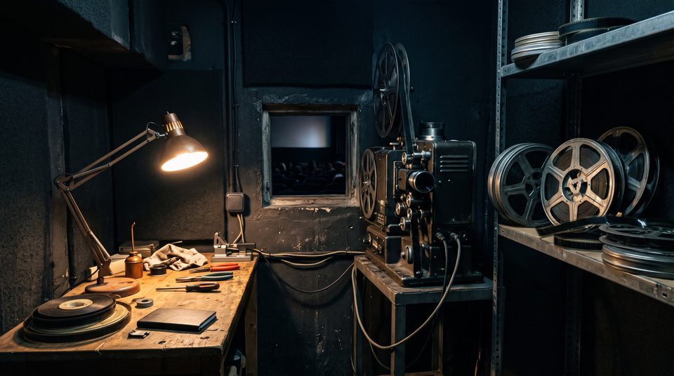 Cabine de projection éclairée par une lampe de bureau, projecteur 35 mm et bobines rangées sur une étagère