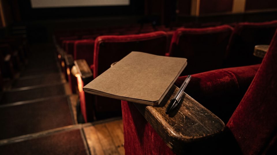 Carnet fermé et stylo posés sur l'accoudoir d'un fauteuil de cinéma rouge