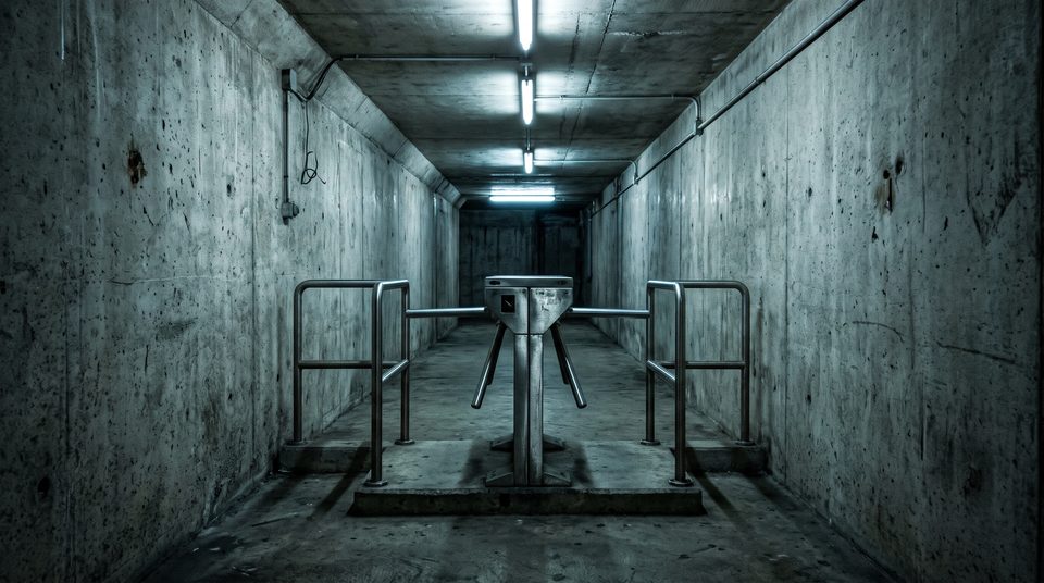 Tourniquet métallique dans un couloir de béton éclairé au néon, vu de face