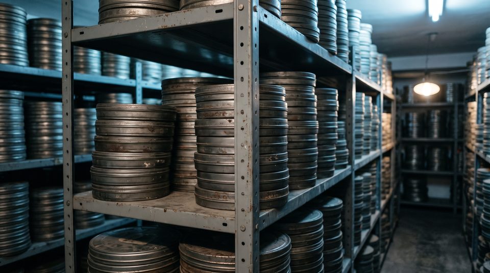 Boîtes rondes de bobines de film empilées sur une étagère métallique