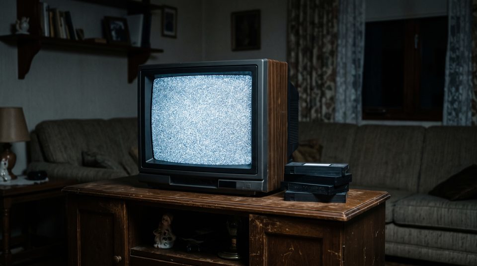 Vieux téléviseur à tube cathodique allumé sur un écran de neige grise, dans une pièce sombre